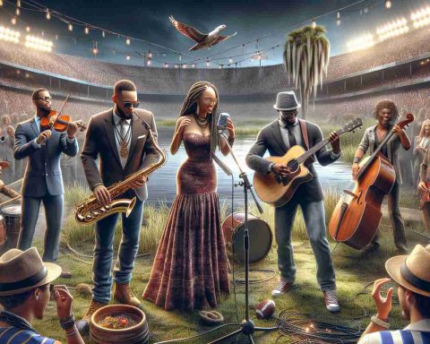 A hyperrealistic HD image displaying the excitement of a big game performance. The scene should be filled with elements typically associated with Louisiana like Cypress trees or a bayou as a backdrop, adding to the local flavor and emphasizing the spectacle. It depicts local charismatic performers, individuals with passion and talent, getting ready to step into the spotlight. They should be varying in genders and descents - a Middle-Eastern woman playing a saxophone, a Hispanic man tuning his guitar, and a Black woman preparing to sing - exemplifying the diverse talents set to shine.