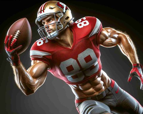 Realistic HD photo of a male professional American football player: The Heart of a notable sports team. The player is a tight end, is Caucasian, sports a short cropped hairstyle, and has athletic build and strong physique. He is wearing red and gold team colors, including a helmet with the football team's logo and number 85. The player is in a dynamic pose, catching a football mid-air; illuminating the roar and passion of the game on his face.