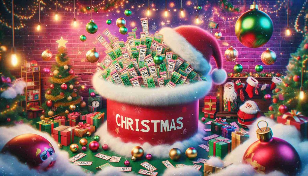 Create a realistic high-definition photo depicting the phrase 'Big Dreams Await: Dive Into the Excitement of the Christmas Lottery'. This scene showcases a vibrant display of lottery tickets in a Santa Claus-themed drum against a festive backdrop. Imagine holiday decorations, sparkling lights, and a pile of lottery tickets with symbols of good luck. The scene is filled with anticipation for the lottery, expressing the thrill and dreams associated with the Christmas lottery.