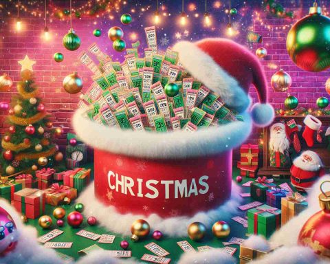 Create a realistic high-definition photo depicting the phrase 'Big Dreams Await: Dive Into the Excitement of the Christmas Lottery'. This scene showcases a vibrant display of lottery tickets in a Santa Claus-themed drum against a festive backdrop. Imagine holiday decorations, sparkling lights, and a pile of lottery tickets with symbols of good luck. The scene is filled with anticipation for the lottery, expressing the thrill and dreams associated with the Christmas lottery.