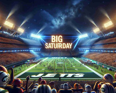 A realistic, high-definition representation of a big Saturday showdown for the Jets, who are trying to bounce back. The image should encompass the intensity and enthusiasm of the sporting events, with details like a packed stadium under bright floodlights, vibrant team colors, and the anticipation in the air.