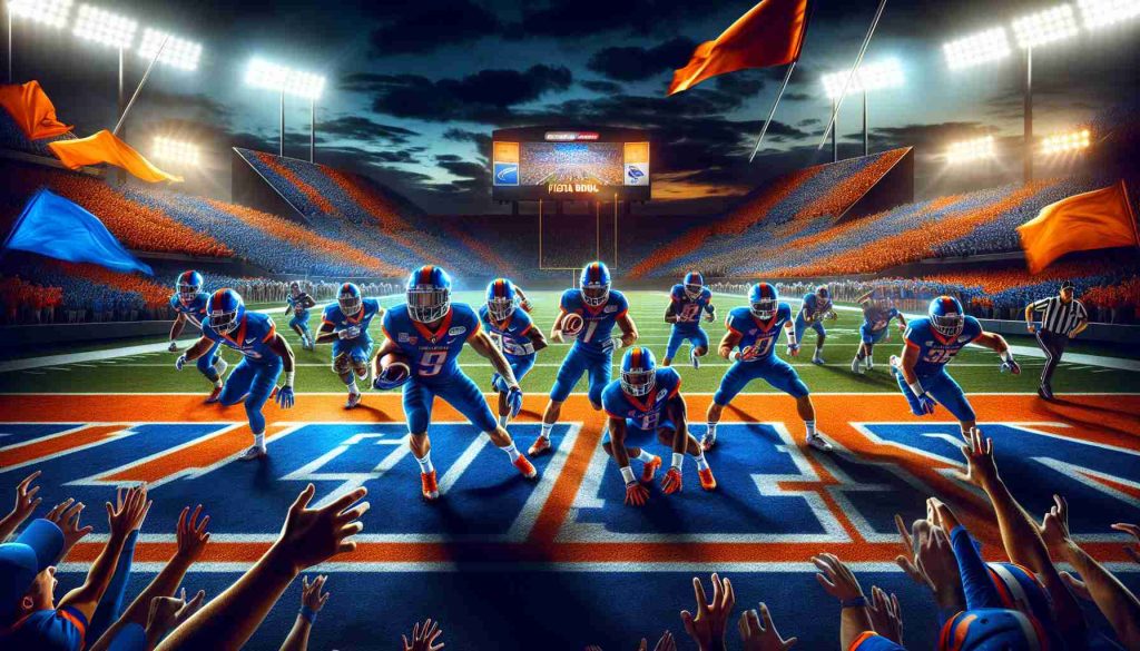 Create a high-definition image that captures the essence of a sporting event. Emphasize the vibrant colors associated with the upcoming Fiesta Bowl. Feature a team with blue and orange dominant in their attire, calling back to the classic look that symbolizes Boise State. Please include the cheering crowd, the playfield decked up with festive decorations, dramatic stadium lighting, and team players ready to engage in intense action.