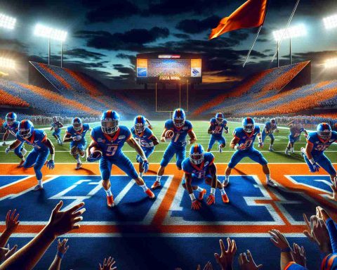 Create a high-definition image that captures the essence of a sporting event. Emphasize the vibrant colors associated with the upcoming Fiesta Bowl. Feature a team with blue and orange dominant in their attire, calling back to the classic look that symbolizes Boise State. Please include the cheering crowd, the playfield decked up with festive decorations, dramatic stadium lighting, and team players ready to engage in intense action.