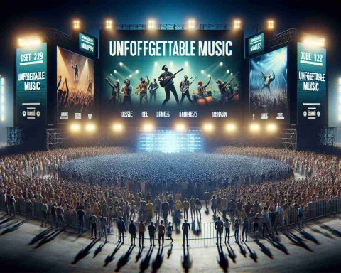 A realistic HD photo portraying the theme of 'Unforgettable Music Awaits'. The main focus is an announced lineup for a major music festival. The image includes various elements such as large bold headlines, an array of dynamic images of the represented artists (without any attributes of specific individuals), and a diverse crowd of music fans eagerly awaiting the event. The festival's stage is envisioned in the backdrop, complete with impressive lighting and sound equipment.