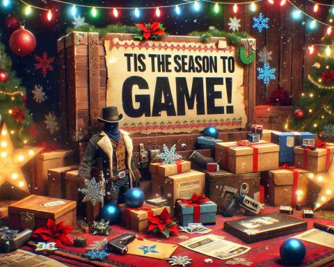 High-definition and realistic image that visually interprets the phrase 'Tis the Season to Game!'. It features hints of exciting new content, possibly in the form of mysterious boxes, envelopes or digital files, indicating updates to a popular western-themed video game. The scene overflows with festive details like snowflakes, decorative lights and holiday ornaments. Note, there isn't any direct representation of the specific game or copyrighted characters. Instead, focus on the holiday gaming atmosphere.