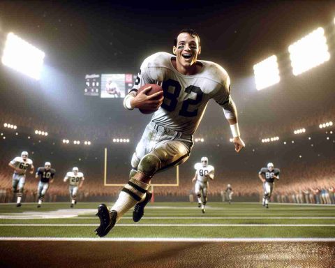 High-definition photograph showcasing an iconic moment in the history of American football. A first-year player, performing at the highest level in a sports team named 'Raiders' achieves a record-breaking performance. The scene captures extraordinary vigor, determination, and a sense of victory. Atmosphere is filled with audience's exhilaration and the bright lights from the stadium shine down on the field highlighting the player. The player, an unknown athletic figure, beams with triumph, the football cradled securely in his arm as he sprints toward the end zone.