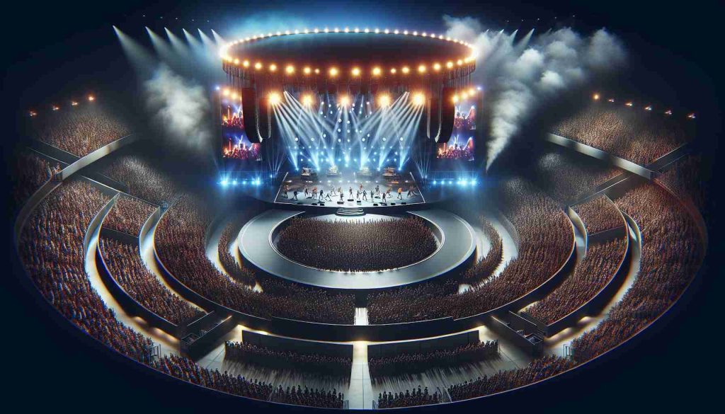 Realistic high-definition image of a memorable evening at a large, round event venue, similar to an arena. Image highlights a stage with bright lights, pyrotechnics, and a crowd of enthusiastic spectators. The event features several unrecognized legendary musicians coming together for exciting performances.