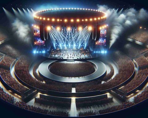 Realistic high-definition image of a memorable evening at a large, round event venue, similar to an arena. Image highlights a stage with bright lights, pyrotechnics, and a crowd of enthusiastic spectators. The event features several unrecognized legendary musicians coming together for exciting performances.