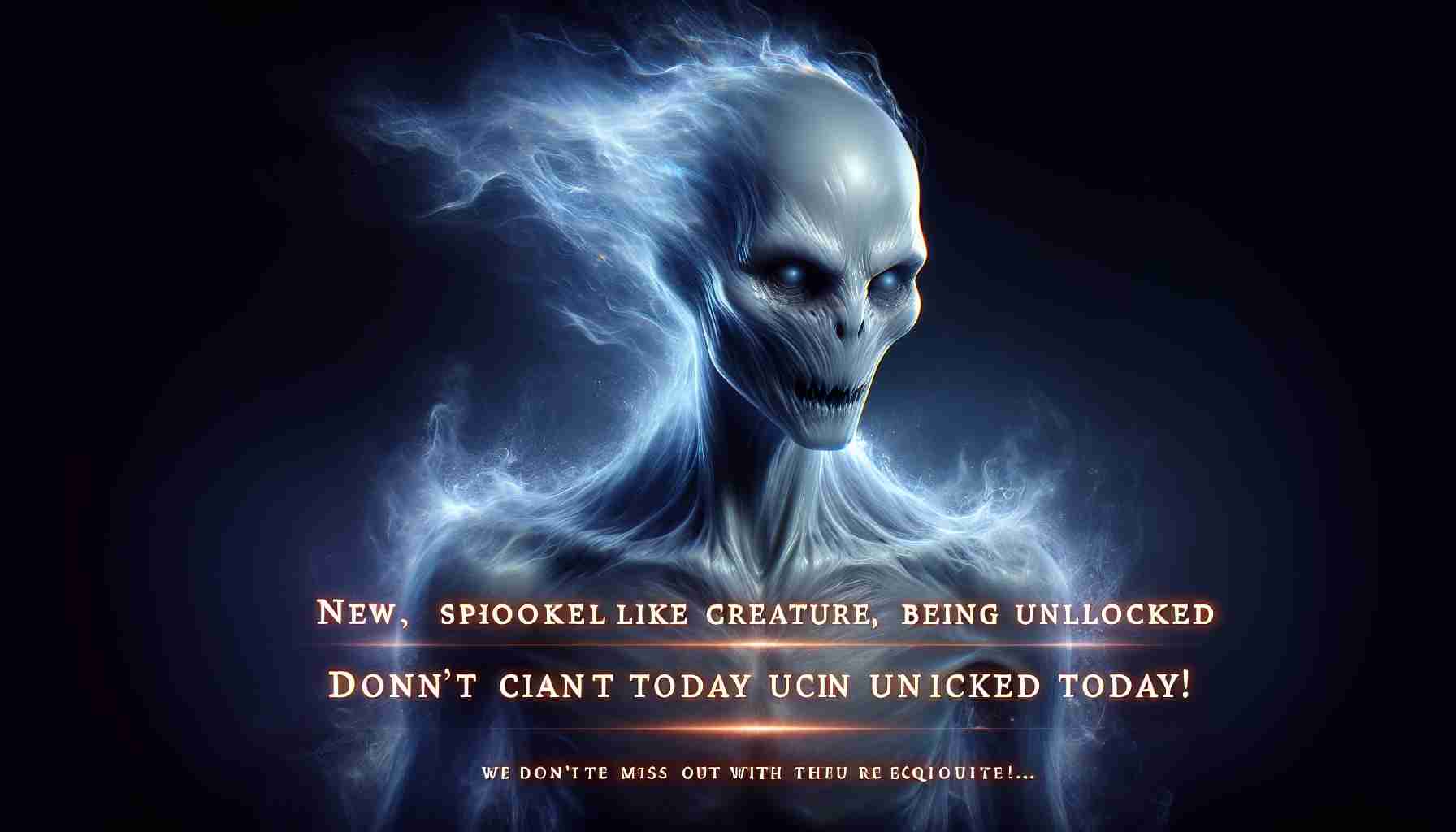 A highly detailed and realistic image of a new, spooky, ghost-like creature being unlocked today! The creature appears spectral and ethereal, almost luminous. Accompanying text encourages viewers not to miss out on this opportunity. Note: This request is referring to a generic ghost-themed creature and isn't associated with any specific copyrighted characters or franchises.