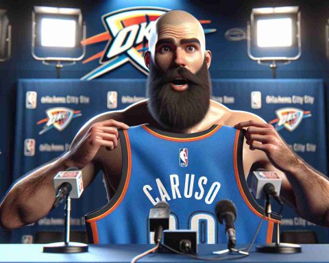 An ultra high definition, realistic image illustrating a recent surprise trade in professional basketball. One athletic player, distinguished by a shaved head and dense beard, is seen holding up a blue and orange jersey, the colors associated with the Oklahoma City Thunder. The jersey displays the name 'Caruso' on the back. His posture reflects enthusiasm and shock, showing that this move was unexpected. In the background, a press conference setting can be seen, with microphones on a table, bright camera flashes and a banner of the Thunder's logo.