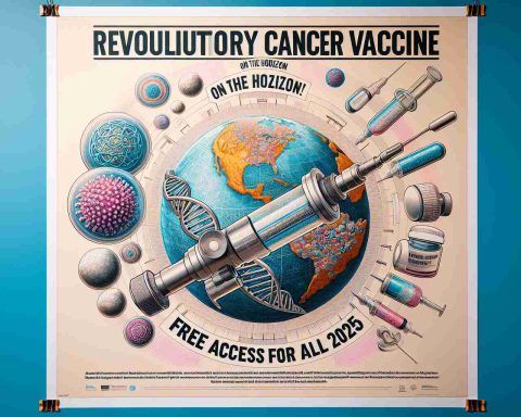 A detailed depiction of a poster featuring the promising news of a revolutionary cancer vaccine. The visual elements on the poster include the words 'Revolutionary Cancer Vaccine on the Horizon! Free Access for All by 2025', a symbol of medical research, perhaps a microscope or a DNA helix, and an image of a globe to signify global access. The picture should be realistic and high definition.