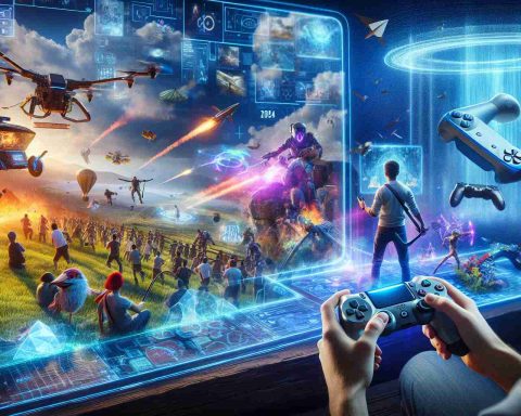 Generate a realistic, high-definition image that depicts the thrill of video gaming in the future year 2024. The image should include scenes of immersive gameplay, innovative technology like holographic consoles and virtual reality headsets, lively characters engaging in adventurous quests, and a vibrant digital landscape. The image should evoke excitement and the limitless potential of gaming adventures.