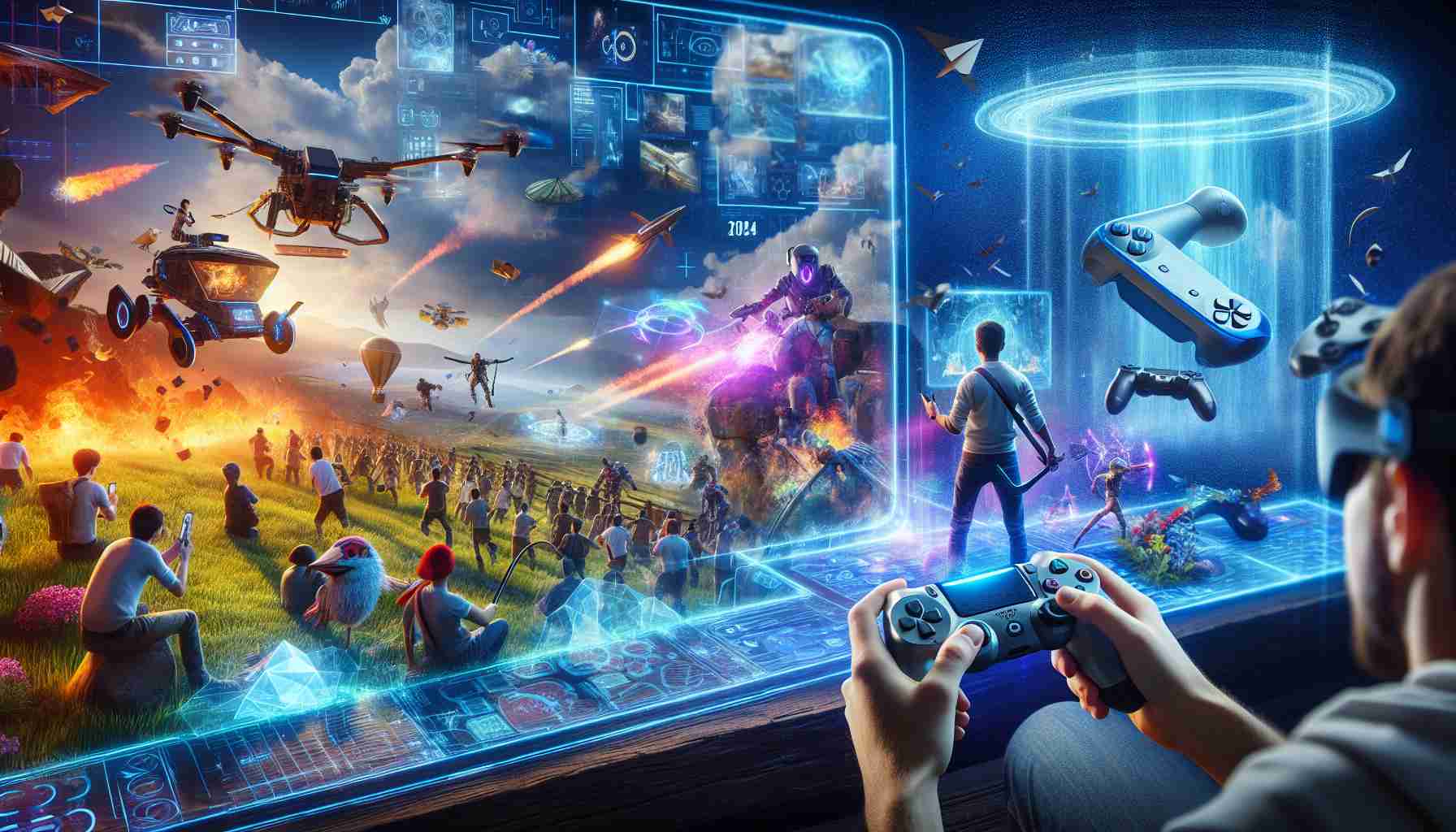 Generate a realistic, high-definition image that depicts the thrill of video gaming in the future year 2024. The image should include scenes of immersive gameplay, innovative technology like holographic consoles and virtual reality headsets, lively characters engaging in adventurous quests, and a vibrant digital landscape. The image should evoke excitement and the limitless potential of gaming adventures.