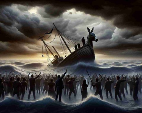 Generate a realistic HD image depicting the concept of a political party being in a state of crisis. Show symbolisms such as a sinking ship, dark stormy skies, or figures in obvious distress indicative of alarming concerns. The political party is represented by a donkey, the commonly associated symbol. A figure, meant to be a former senator, can be seen raising these concerns. The image should be metaphorical and symbol-laden, not straightforward representations of the subjects. Maintain a neutral and balanced representation, avoiding any offensive implications.