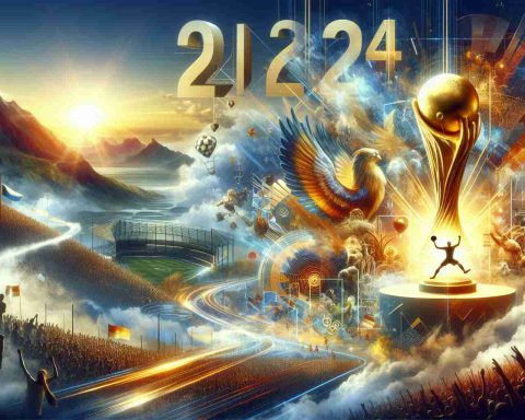 Detailed and realistic high-definition image depicting the abstract concepts of triumph and pride. The whole setting is infused with dynamic yet serene energy. Show a symbolic representation of 2024 by number on a banner in the sky. Include imagery like a sunrise over a majestic mountain range to represent new beginnings, a raised golden trophy to symbolize triumph and accomplishment, and diverse crowds of people cheering with joy and pride.