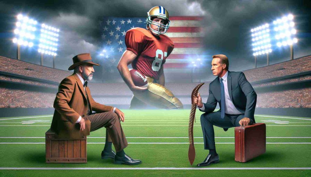 Realistic high-definition image showcasing an epic scene where a renowned, legendary figure known for coaching football skills meets a character who is universally admired and represents the allure of the Hollywood film industry. Is this a surreal convergence of the worlds of sports and cinema? All the signs point towards a fantasy rooted in American football.