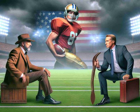 Realistic high-definition image showcasing an epic scene where a renowned, legendary figure known for coaching football skills meets a character who is universally admired and represents the allure of the Hollywood film industry. Is this a surreal convergence of the worlds of sports and cinema? All the signs point towards a fantasy rooted in American football.