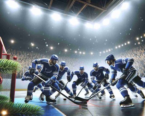 A realistic high-definition image capturing a crucial moment in a hockey match where the team in blue and white uniforms is making a vigorous effort to win over their opponents. The tension is palpable as they work their strategy aiming to bounce back before the Christmas celebration. The backdrop screams excitement with spectators cheering louder and hoping for a victory.