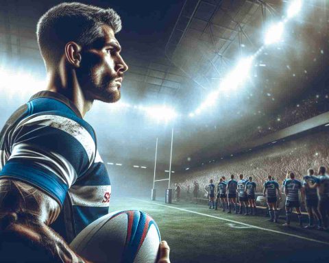 A detailed, high-definition image showing a dramatic sports scenario. It features a prominent rugby player, clad in the team's blue and white uniform, contemplating whether he will join the match. He is standing on the sidelines, staring intently at the field, with his helmet in his hand. Around him, the energy is palpable as the spectators eagerly anticipate his decision.