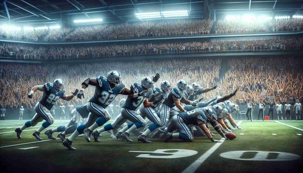 A high-definition, realistic image of a climactic moment in a professional American football game. The team, clothed in uniforms that mix hues of blue and silver, fights fiercely on the field. They represent the metaphorical 'cowboys'. This moment is pivotal -- their 'last stand'. The stands around the field are packed with roaring fans, their cheers and boos hanging heavy in the air. Can this team fight back and advance to the playoffs? Show us in this detailed work of art.