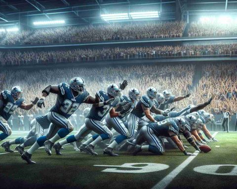 A high-definition, realistic image of a climactic moment in a professional American football game. The team, clothed in uniforms that mix hues of blue and silver, fights fiercely on the field. They represent the metaphorical 'cowboys'. This moment is pivotal -- their 'last stand'. The stands around the field are packed with roaring fans, their cheers and boos hanging heavy in the air. Can this team fight back and advance to the playoffs? Show us in this detailed work of art.