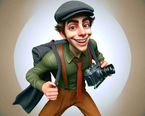 Generate a high-definition, realistic image of an entertaining journey of a cheerful and inspiring individual, showcasing humorous elements. This individual should be characterized by his short stature, broad build, and curly hair.