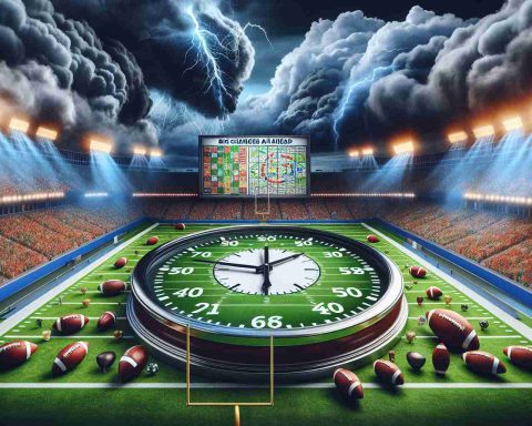 A photo-realistic, high-definition image of a metaphorical scene representing 'big changes ahead' for a sports team. The visualization can include a large, ticking clock indicating that 'time is running out', perhaps in the central area of the field of a football stadium (not specific to any real-life team). You can also portray strategy board depicting new game plans, a changing weather pattern to signify the upcoming changes, or a vibrant crowd wearing team colors, all expressing the anticipation and tension of the situation.