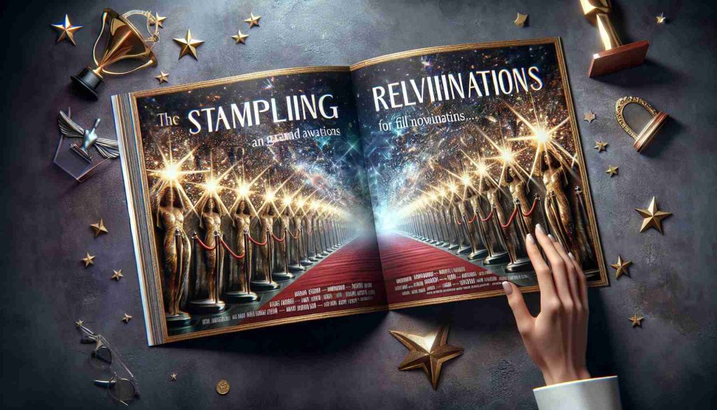 Imagine a high-definition, realistic image picturing a startling revelation of film award nominations. Envision an open brochure styled in a movie festival theme, revealing the nominations for the grand awards of a renowned international film event taking place in 2025. Display films that have dominated the race, but instead of actual movie titles, use fictional ones. Make the environment capture the glamour and anticipation of the award season, including glistening award trophies, red carpet textures, and wall of fame photos.