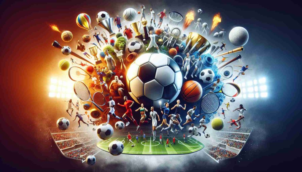 Create a high-definition, realistic image of a representation of global sports. There should be diverse symbols or equipment from various sports like soccer, basketball, tennis, and athletics. The atmosphere should be thrilling, suggesting the intensity and excitement of competitive matches. The picture should also depict some form of highlights as if showcasing top moments from these sports games.