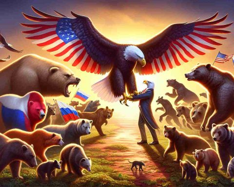 An HD illustration of a symbolic representation of international alliances. Indicate the alliance among different countries with respective national animals in a dramatic stand-off setting. Present a majestic bald eagle, symbolizing the United States, rising above a group of animals, symbolizing other countries. Make sure to include a formidable bear symbolizing Russia. Illustrate the antagonism and tension between the eagle and the bear, indicating a rivalry rivalry.