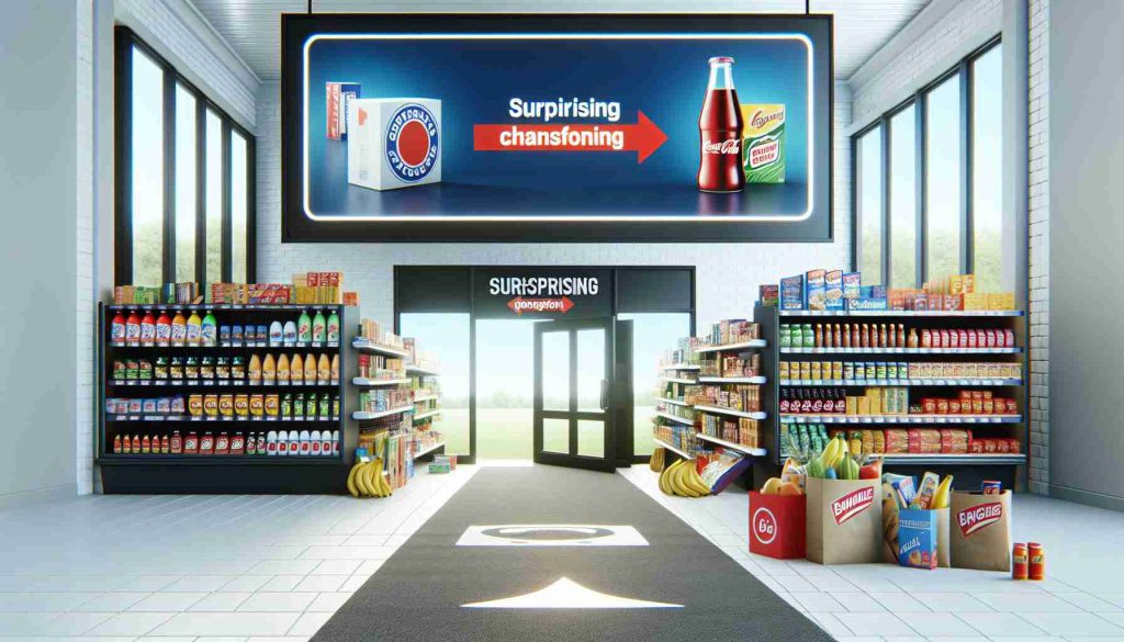 Realistic high definition image representing the transformation of a generic supermarket brand. Display surprising changes in packaging, signage, product design, and store layout.