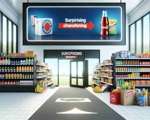 Realistic high definition image representing the transformation of a generic supermarket brand. Display surprising changes in packaging, signage, product design, and store layout.