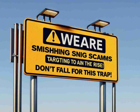 Generate a realistic HD image of a warning sign that reads 'Beware: Smishing Scams Targeting Toll Road Users Are On The Rise! Don’t Fall for This Trap'. Ensure that the sign is bold and clearly legible and evokes a sense of urgency, informing toll road users about the increasing risk of smishing scams.