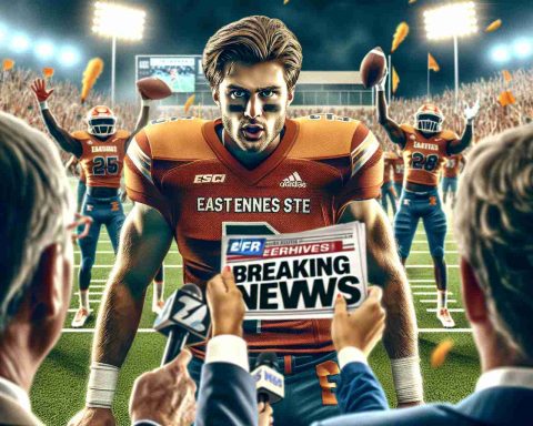 Generate a realistic HD image of a 'Breaking News' scenario involving a prominent college football player, who has decided to make a bold move and join East Tennessee State. Show the excitement and anticipation as he embarks on his next chapter. Make the atmosphere intense with everyone curious about what might follow. NOTE: Instead of a specific player's name consider it as a name of any inspiring athlete.