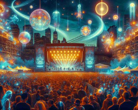 An illustrative image mimicking a realistic high-definition photo, showcasing an energized festival captioned as '15 Years of Magic: Governors Ball is Back!' Visualize over-the-top light displays in an open-air setting filled with excited crowds. Use infrared waves to fictionalize 'magic' - floating orbs, spectacular auroras, or whimsical lights. Add multiple stages with bands performing live music, catching the spirit of exhilarating performances. Set against the backdrop of late evening, hints of the city skyline should peak from the horizon.